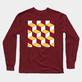 Burgundy and Gold Isometric Cubes Optical Illusion Pattern Long Sleeve T-Shirt